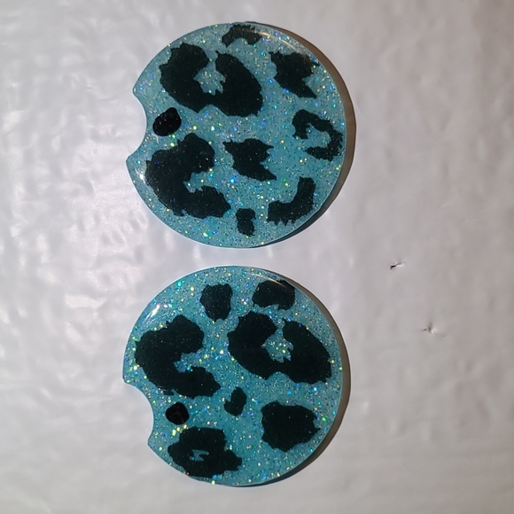 Animal Print Baby Blue Glitter Car Cup Coasters - Picture 3 of 5
